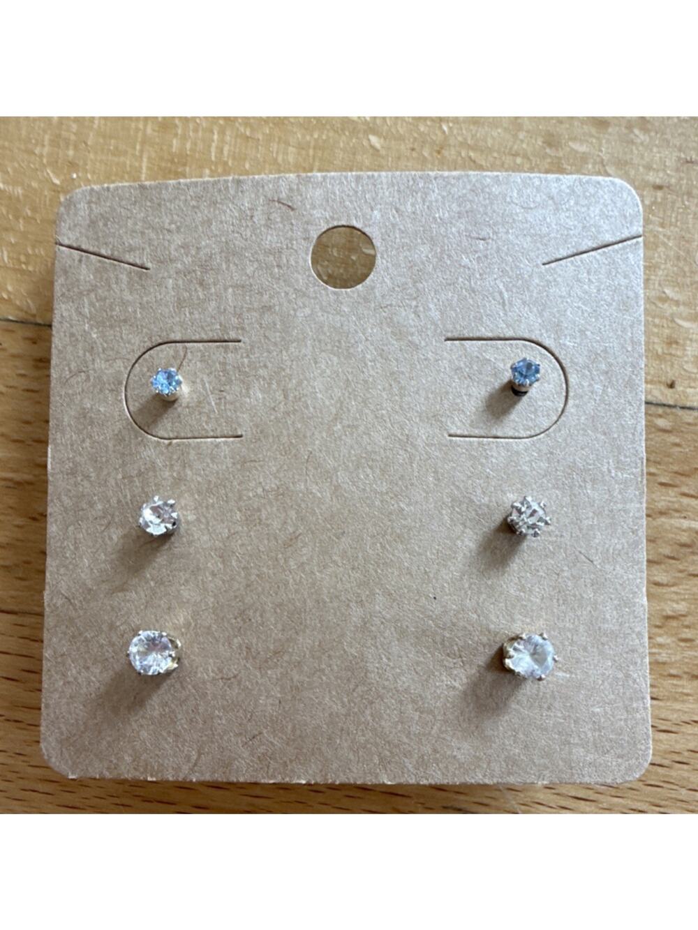 3 Pair Crystal Stud Earrings Lot Clear & Light Blue Round Rhinestone Silver Tone